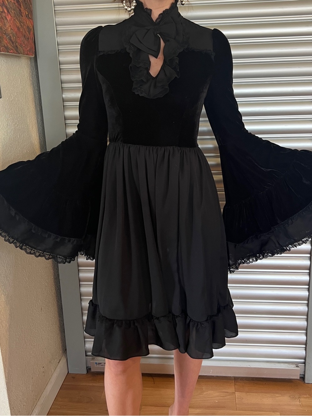 Killstar Dress Womens XS Black Velvet Gothic Lace Bell Sleeve Fit Flare Mini